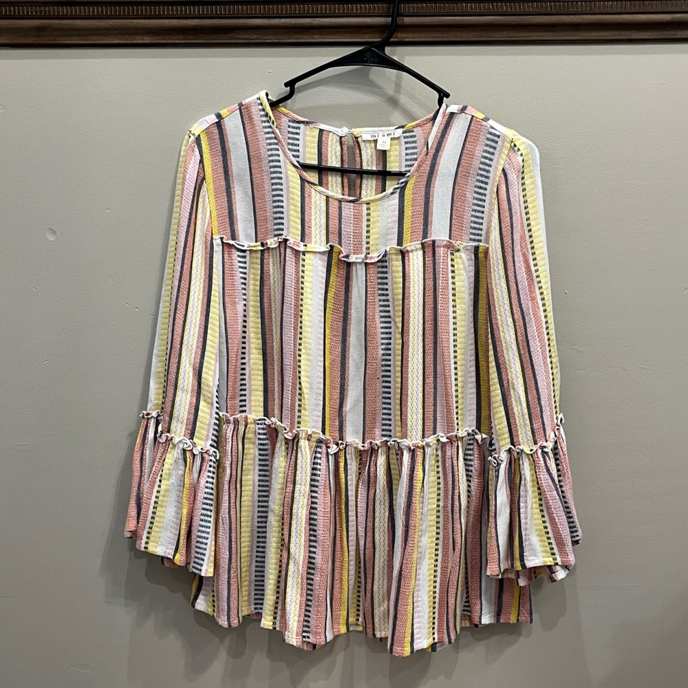 Mi ami Striped Tier Ruffle Trim 3/4‎ Sleeve Blouse Beach Y2K Boho Cottage Medium